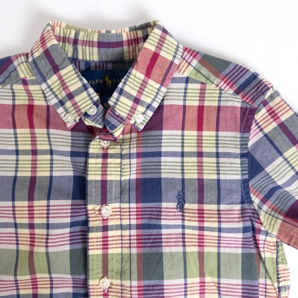 Ralph Lauren Madras Plaid Button Down Logo Short‎ Sleeve Shirt Boys Sz 4T